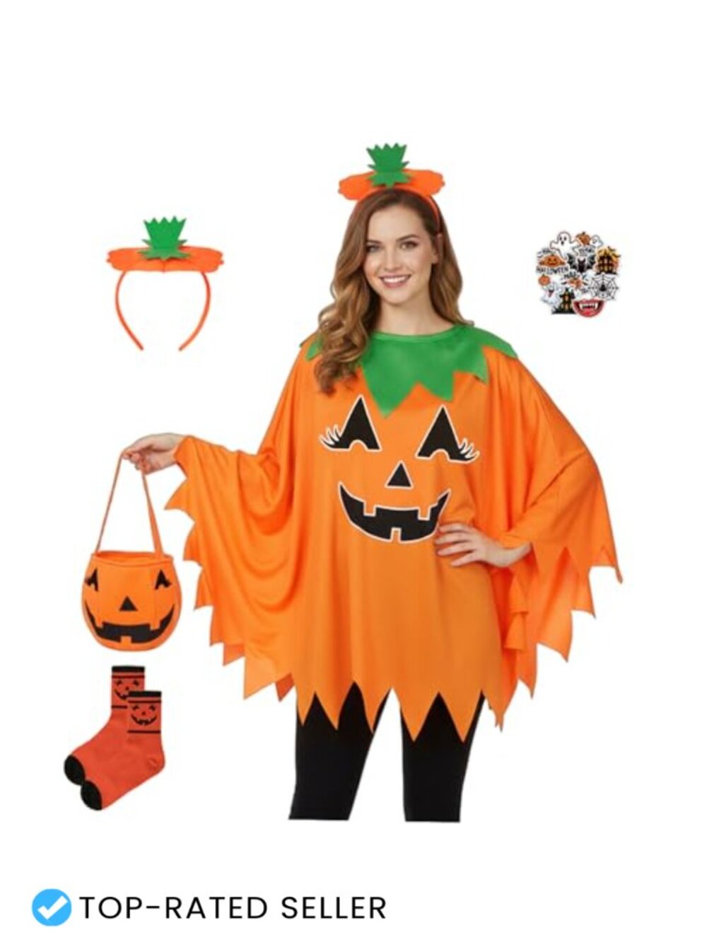 5-Piece Pumpkin Halloween Costume Set Glow in the Dark Cape Poncho